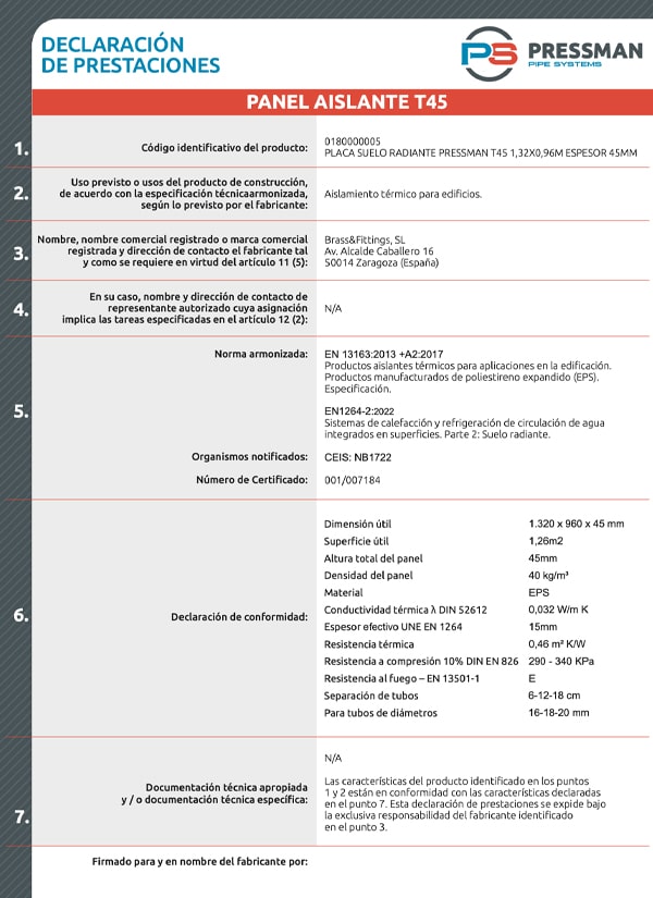 pressman Declaración conformidad T45 Pressman UNE EN 1264 22 Abril 2022 1