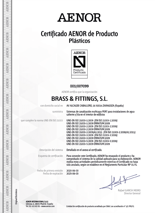 Certificado AENOR Multicapa PERT AL PERT 1